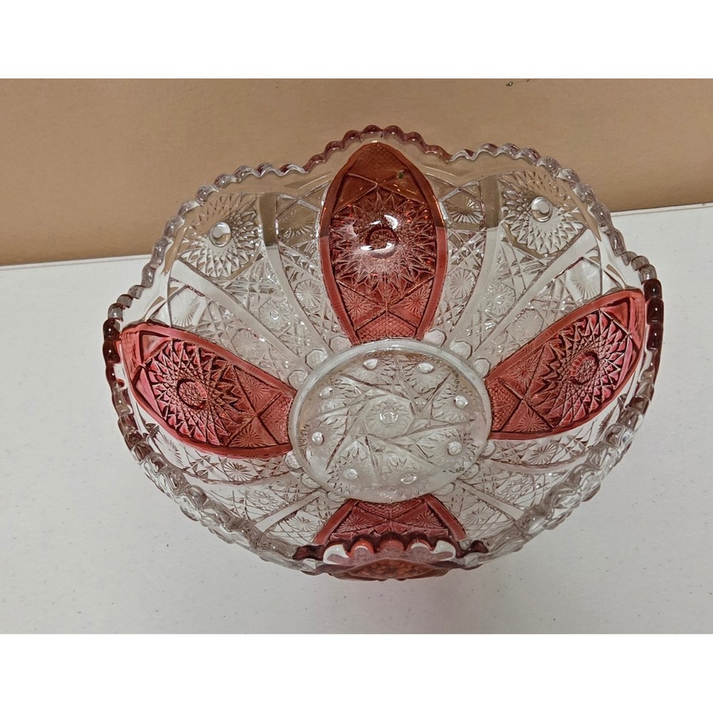 Vintage Pink‎ & Clear Pressed Glass Bowl Candy Dish Scalloped Rim